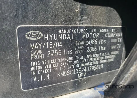2004 Hyundai Santa Fe Gls from USA, damaged, VIN KM8SC13E24U795818